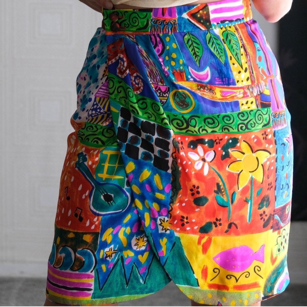 Vintage 90s Jean Louis Scherrer Boutique Vibrant Print Silk Wrap Skirt